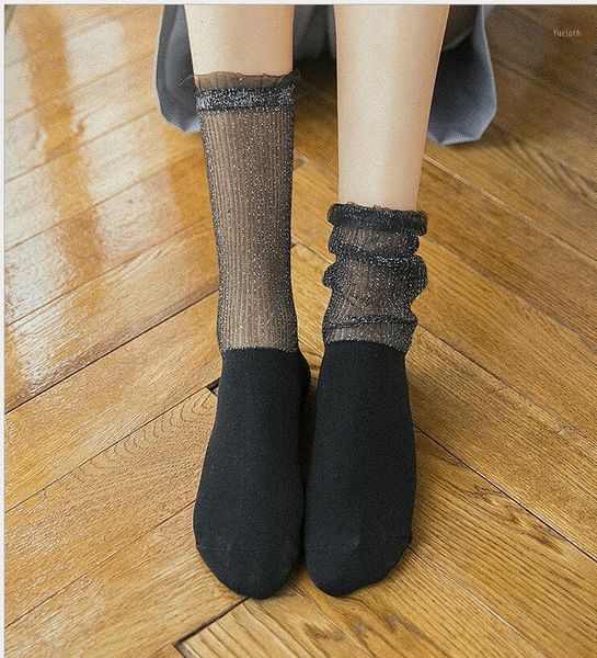 

2020 autumn and winter new women's socks solid color lace gold and silver silk cotton tide tube socks pile of1, Black;white