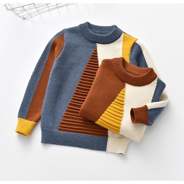 

baby kids tshirt sweater baby girl geometric triangle rectangle match pattern little boy outfit o-neck knitted clothes for 2t-7t y200901, Blue