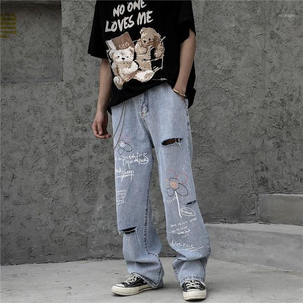 

original graffiti hole ripped jeans harajuku loose casual streetwear denim trousers oversize plus size jeans pants for men1, Blue
