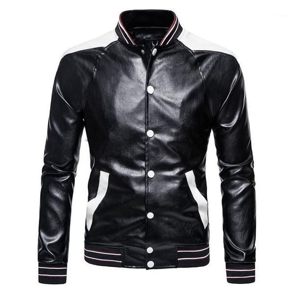 

new mens vintage motorcycle jacket baseball collar fashion biker leather jacket men patchwork pu overcoat jaqueta de couro1, Black