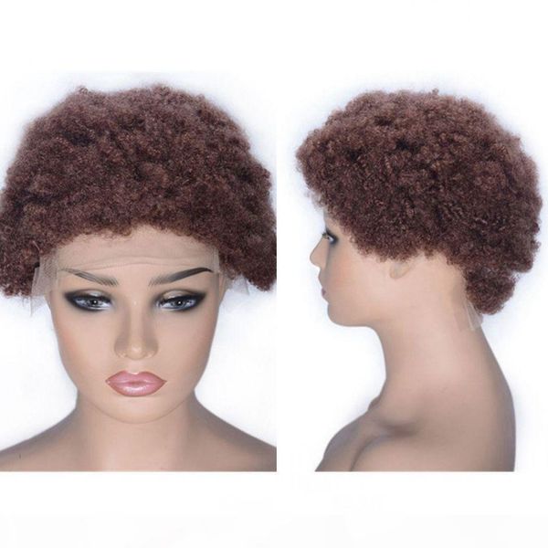 

afro kinky curly lace front wigs cambodian human hair wigs 33# short hair wig for black women medium size cap, Black;brown