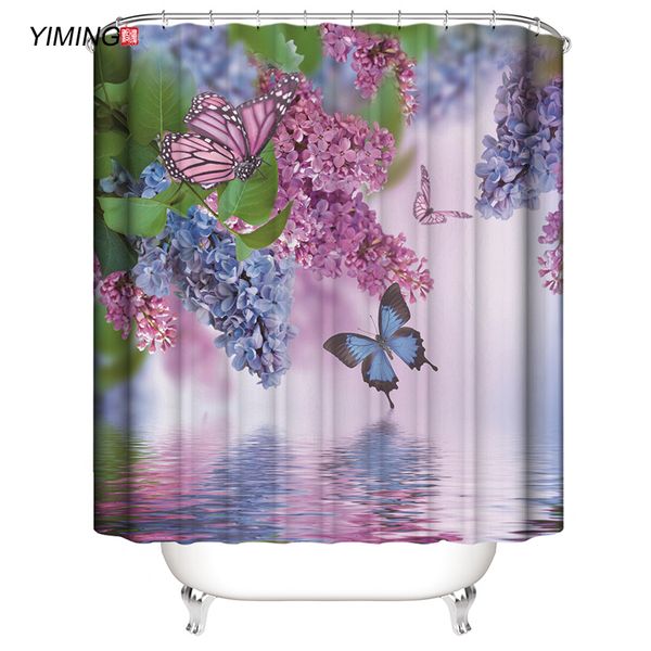 

200x180 ванной водонепроницаемой занавеска фиолетового цветок фиолетовой бабочка печать в воде полиэфирного украшения дома занавеса