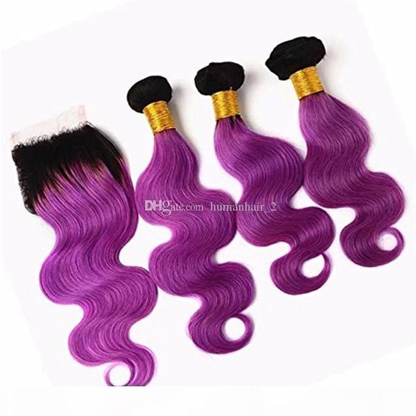 

purple ombre hair with closure two tone black to purple dark roots human hair bundles with lace closure 4*4 closure virgin hair, Black;brown