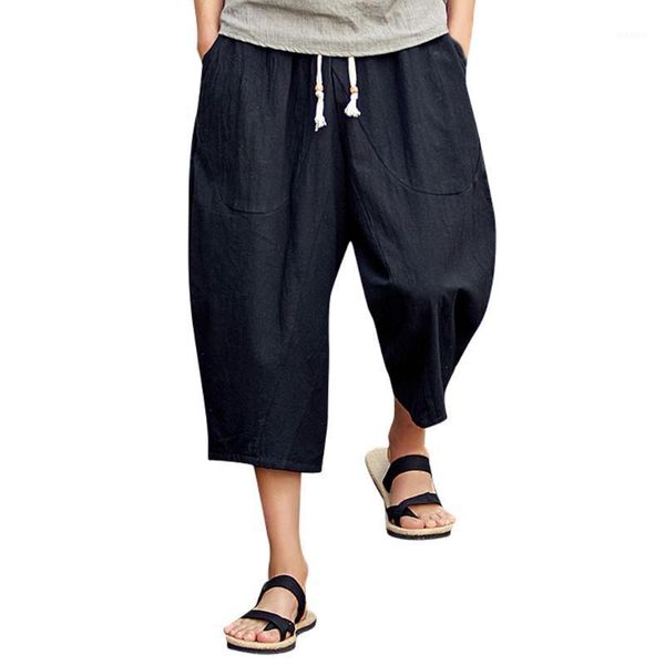 

chinese baggy pants men casual harem pants men cotton linen loose mens trousers solid summer calf-length1, Black