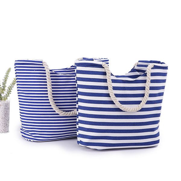 

factory direct supply high-quality fashion bag polyester one-shoulder casual simple striped canvas women big tote beach bag