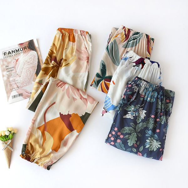

2020 summer home clothes thin breathable women's pants fashion floral print elastic pajama pants female cotton trousers autumn, Black;pink