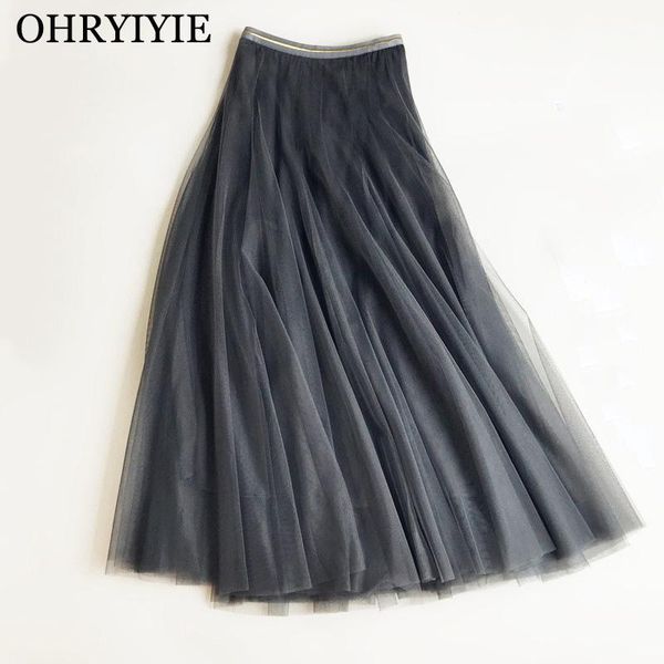 

ohryiyie spring autumn tulle skirts women 2021 elastic high waist fashion long patchwork tutu skirt sun fluffy jupe longue femme, Black