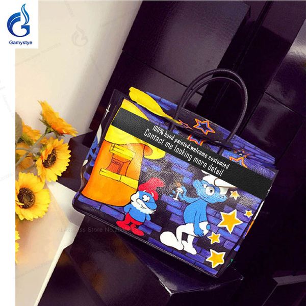 

cartoon blue elves genius women handbag really togo leather genuine leather shoulder bag large capacity bag for women luxury bag