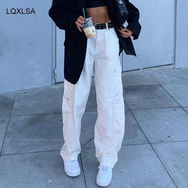 

women's jeans weekeep fashion pocket white streetwear high waist vintage straight harajuku 2021 denim cargo pants, Blue