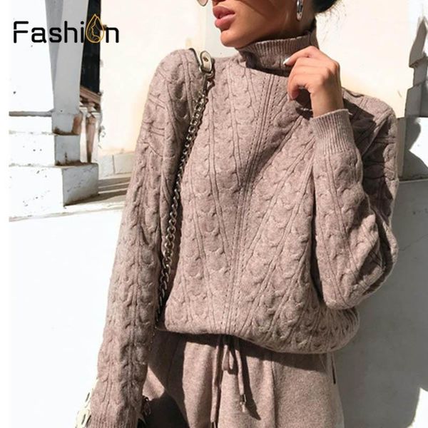 

2009 knitting female sweater pantsuit for women two piece set suits knitted pullover turtleneck long sleeve sweaters pants suit1, White