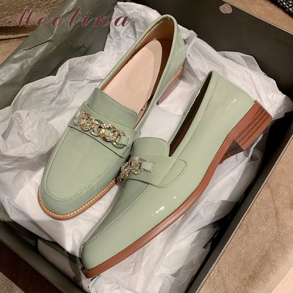 

meotina high heels women pumps natural genuine leather square heels loafers shoes cow patent leather round toe shoes lady 33-40 1007, Black;white