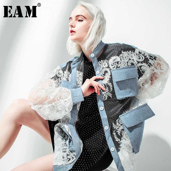

eam] new spring autumn stand collar long sleeve blue denim lace split joint big size jacket women coat fashion tide ju301 201016, Black;brown