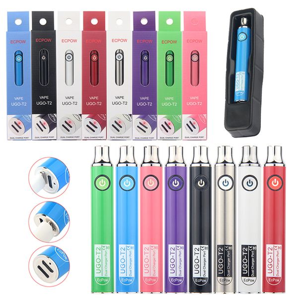 5pcs UGO T2 Vape Pen 510 Thread Batteria 650 900mAh Doppia ricarica Doppia porta USB Evod Preriscaldamento VV Vaporizzatore a tensione variabile Carrello vuoto