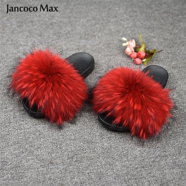 

new arrival shoes women slippers real raccoon slides summer fur flip flops lady sandals fluffy sliders s6020 y200423, Black