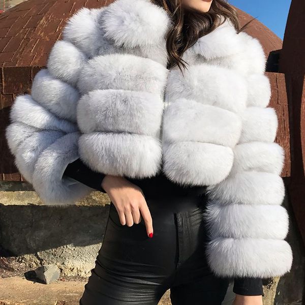 

women's fur & faux winter warm fluffy coats jackets women fashion furry cropped jacket turn down collar long sleeves short overcoat 4xl, Black