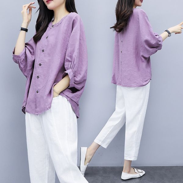 

2020 autumn new hemp two and linencotton linen cotton linenpiece suit women's fashion loose temperament casual trend two piece trous, Gray