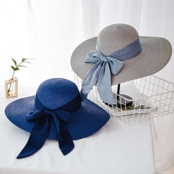

ladies summer hat bow silk ribbon new brand straw hats for women beach sun hats solid color sunhat,foldable y200714, Blue;gray