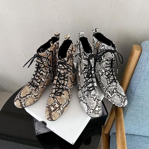 

ymechic 2020 winter shoes snake print pu embossed leather lace up knot chunky block heels black ankle biker motorcycle boots 43