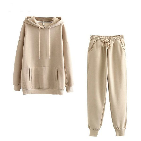 

autumn winter hooded hoodies sweatshirt suits women new thick fleece cotton suit 2 pieces sets full length pants suits 201119, White