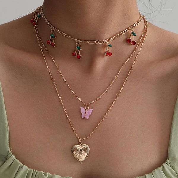 

chokers sweet women fashion cherry butterfly heart multilayer necklace for trendy choker jewelry gifts1, Golden;silver