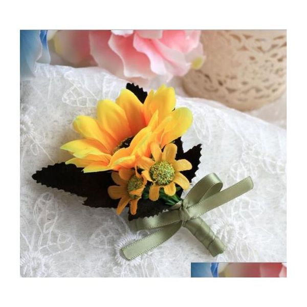 

11cm groom groomsman boutonniere sunflower corsage party wedding decoration flower silk flowers brooch pin pyrja