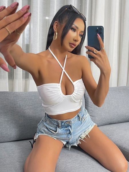 

crisscross tied backless rib knit l0a2#, White