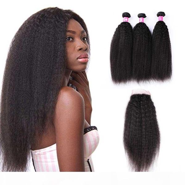 

middle part lace closure with bundles kinky straight hair weave virgin brazilian remy hair weft with closure forawme hair productions, Black