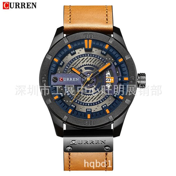 

curren / carrion 8301 men's belt watch waterproof personalized leather watch fashion quartz watch calendar, Slivery;brown