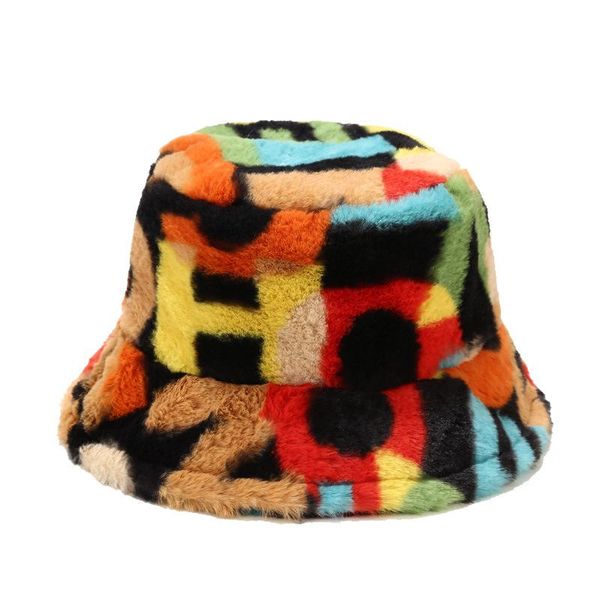 

wide brim hats colorful printing autumn winter panama warm bucket hat women faux fur fishing cap female flat basin bonnet lady, Blue;gray