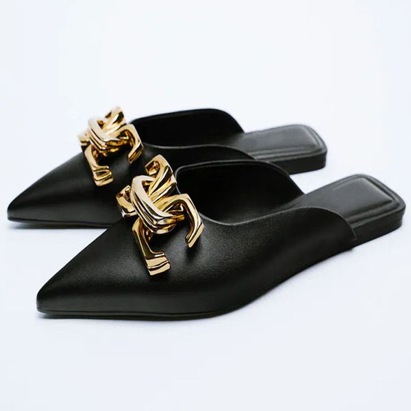 

designer shoes 2022 black buckled flat mules women vintage pu leather sandals flat pointed toe shoes feminino autumn outside wea