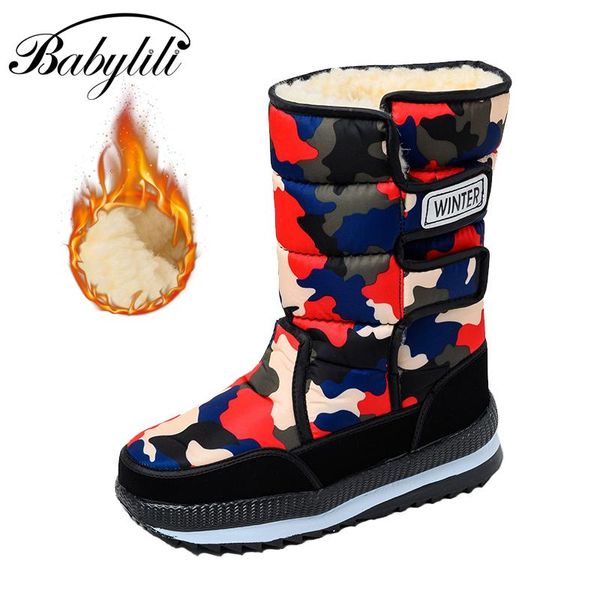 

winter snow boot fur warm women mid-calf boots waterproof lady cotton shoes platform female plush footwear camouflage non-slip, Black