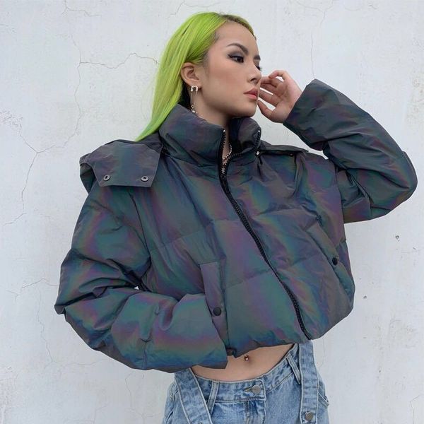 

2020 fashion street new long sleeve hooded short length reflective loose jacket winter coat women