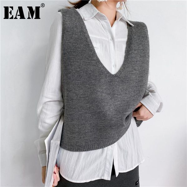 

eam] gray black brief knitting sweater loose fit v-neck sleeveless women pullovers new fashion tide autumn winter 2020 1y192, White;black