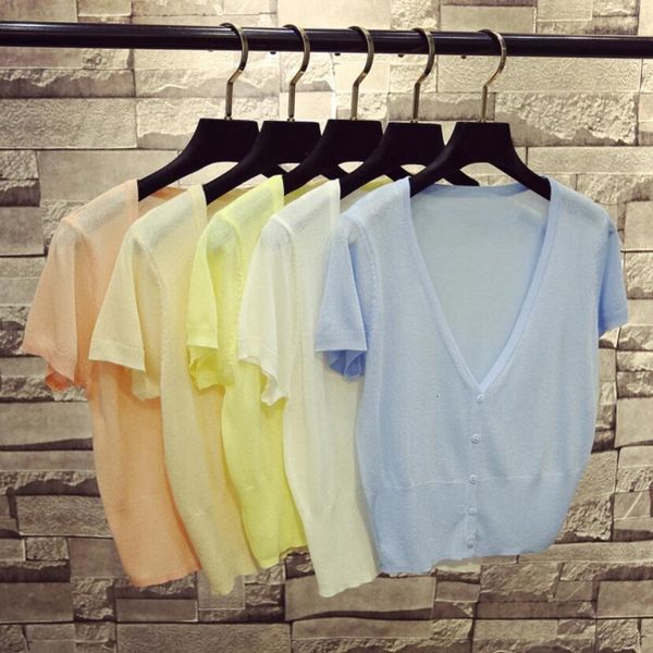 

summer knitted cardigan candy color shawl women clothes female short cardigans v-neck short sleeve women thin coats ladies, White;black