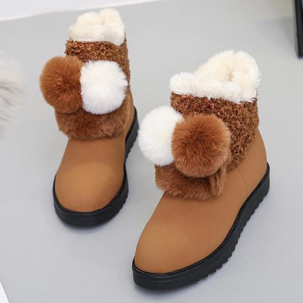 

women's snow boots sweet wind hair ball cotton shoes flat female booties warm snow boots zapatos de mujer flat with, Black