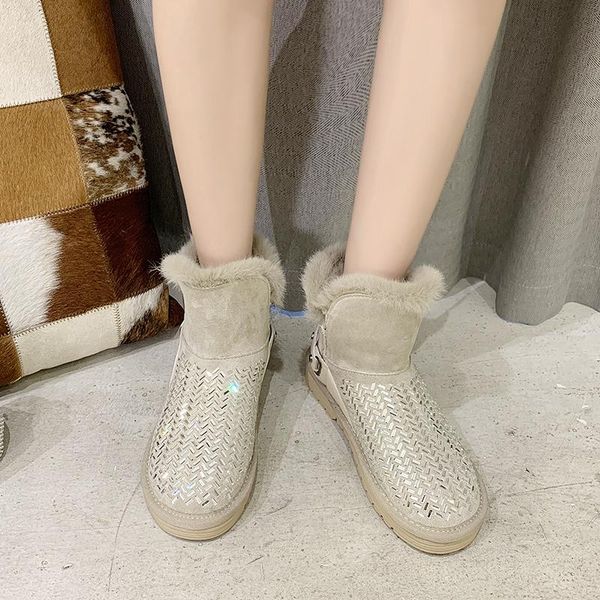 

кристалл снега сапоги женщин обувь замши ботильоны зимы теплые ботинки вскользь плюшевые flat платформы черный бежевый botas mujer, Black