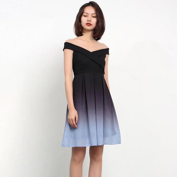 

women strapless dress cross backless gradient chiffon patchwork off the shoulder a line knee-length dresses1, Black;gray