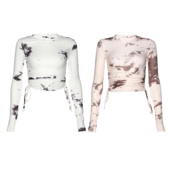 

women long sleeve o-neck t-shirt tie-dye print ruched drawstring ribbed crop top, White