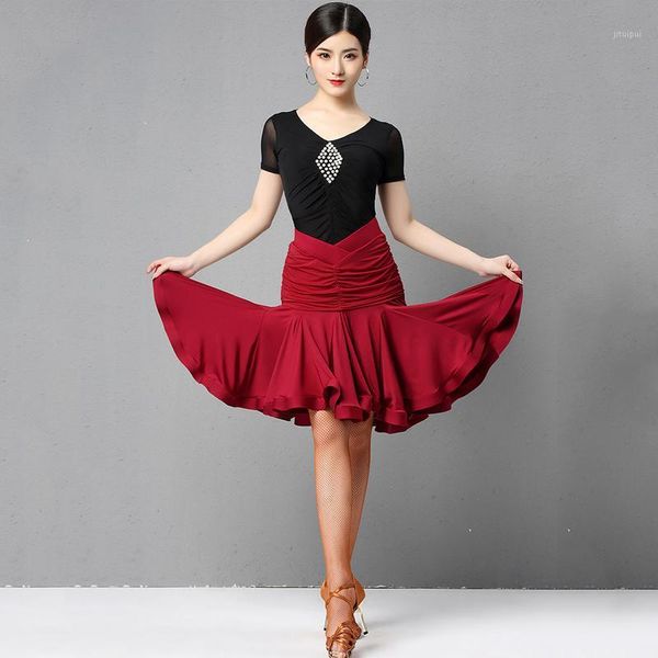 

2020 latin dance practice clothes female summer short sleeve mesh fishbone skirt samba dance outfit rumba costumes1, Black;red