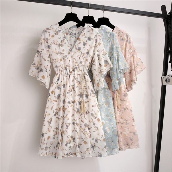 

spring summer chiffon dress women knee length v-neck print dresses sweet ruffle sleeeve slim new casual drawstring women dress h1210, Black;gray