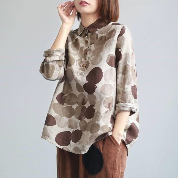 

f je new spring women shirts plus size long sleeve cotton linen button casual shirts polka dot vintage polka dot print vintage, White