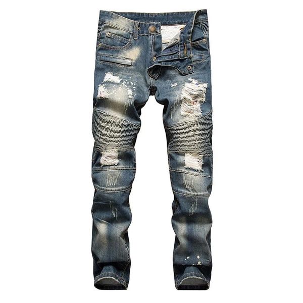 

мужские рваные проблемные разрушенный slim fit прямой ногой джинсы, Blue