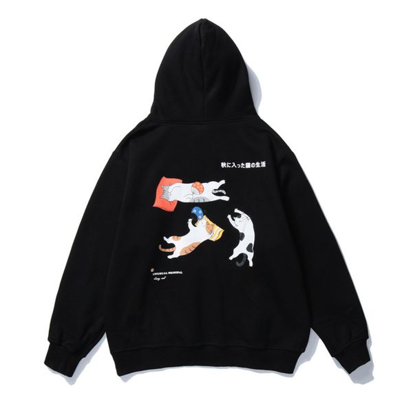 

men's 2020 autumn new hoodie funny cats printed loose couple hooded sweatshirt man hoodies c0127, Black