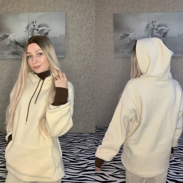 

and plush style cotton lamb new 2020 warm korean women long autumn hoodies sleeve size blend plus winter loose casual wwfaq, Black