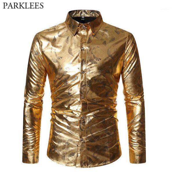 

stage performance club wear mens dress shirts 2020 shiny gold coated metallic disco party shirt men slim fit halloween costume1, White;black