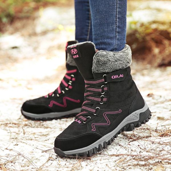 

boots women's snow winter short boot 2021 lady outdoor climbing hiking ankle shoes warm fur strappy sneakers botas waterproof, Black