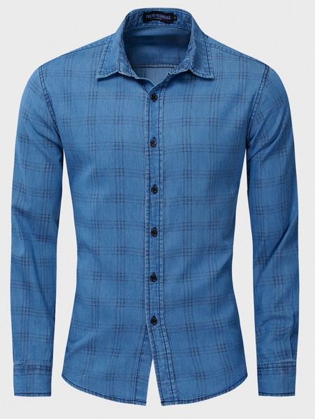 

men plaid print button front denim shirt d5pi#, Blue