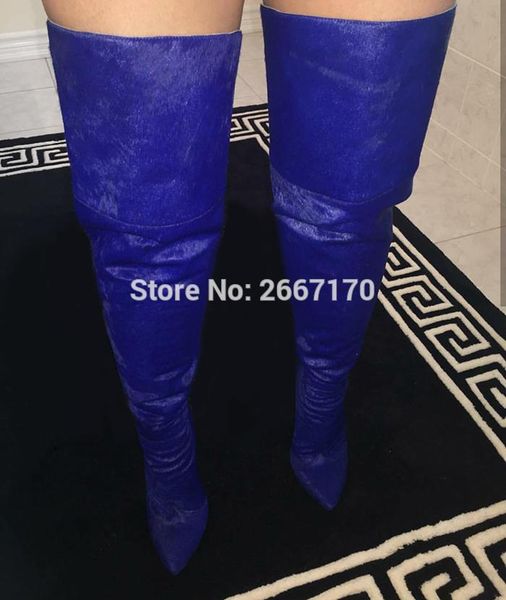 

chaussure femme black navy faux horsehair stiletto high heels pointed toe over knee booties women winter thigh high boots
