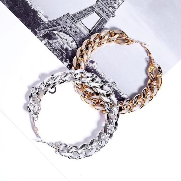 

hoop & huggie 2021 design vintage chain earrings for women big gold round earring jewelry female fashion statement gifts, Golden;silver