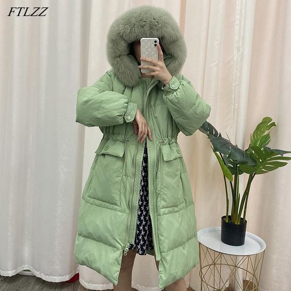 

ftlzz women artificial fur hooded long jacket winter white duck down coat loose thick parkas warm snow outwear adjustable waist, Black